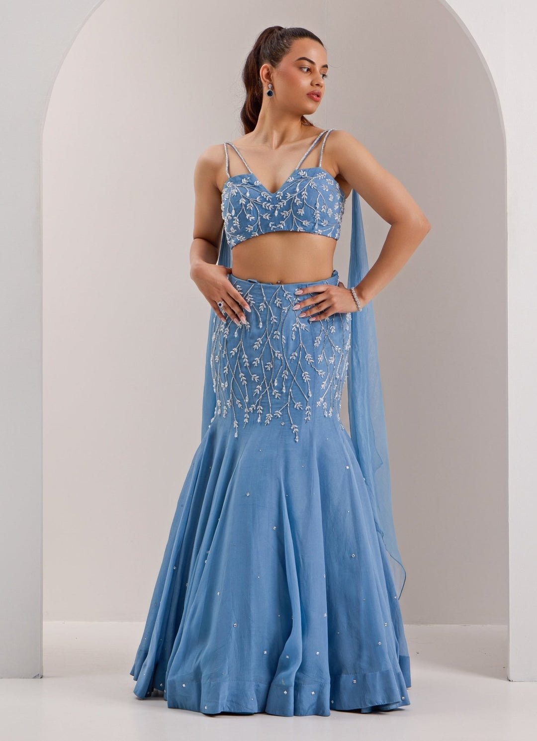 Blue Snow Embellished Mermaid Lehenga Silky Bindra - Fabilicious Fashion