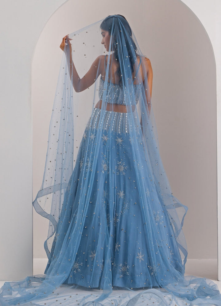 Blue Snowflake Embellished Organza Lehenga With Veil Silky Bindra - Fabilicious Fashion