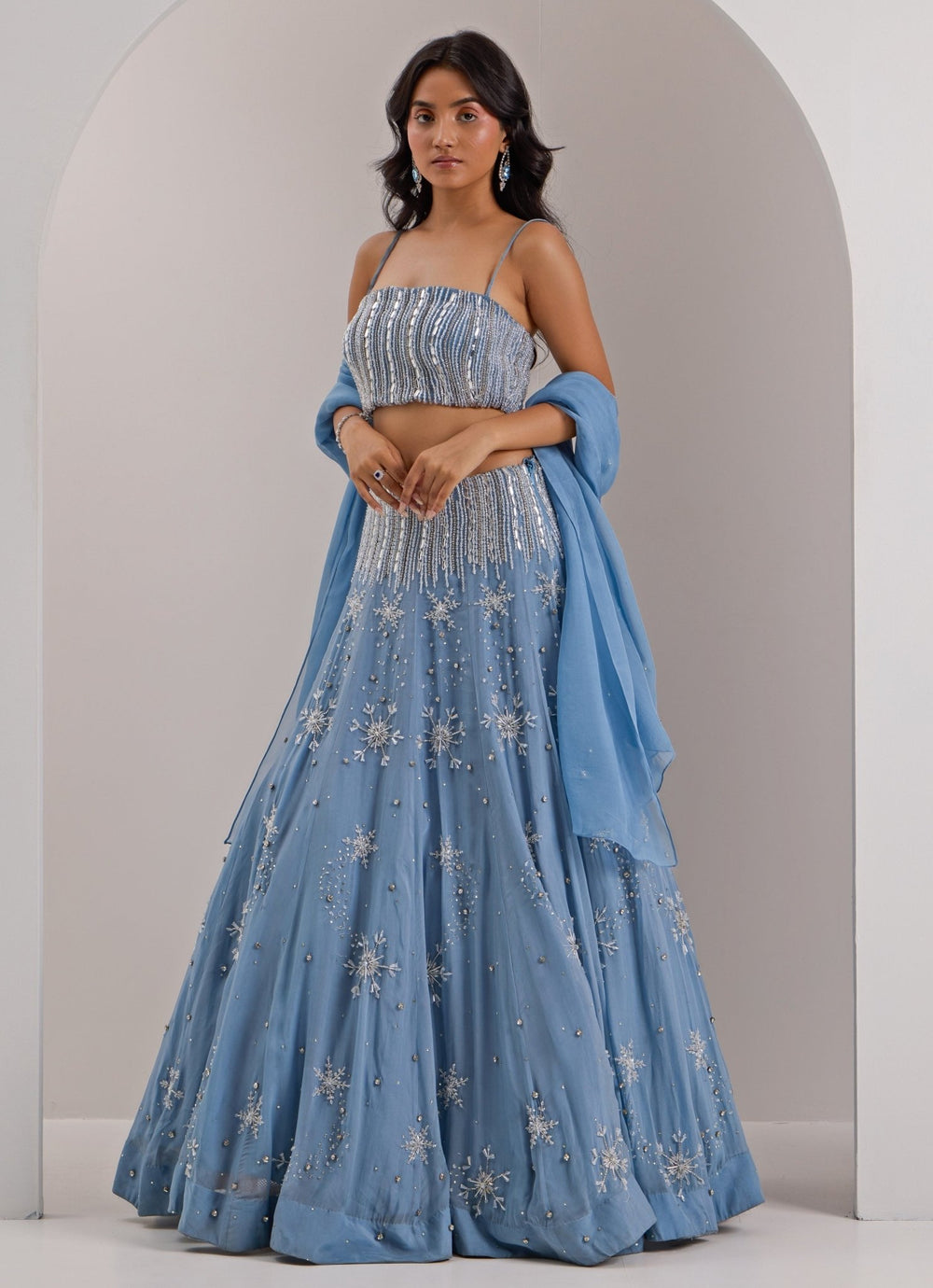 Blue Snowflake Embellished Organza Lehenga With Veil Silky Bindra - Fabilicious Fashion