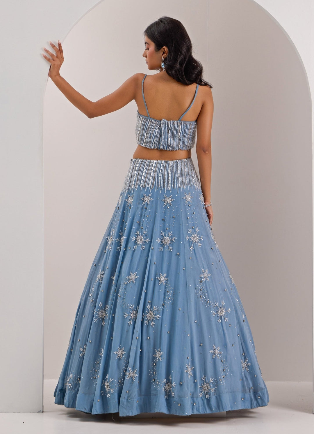 Blue Snowflake Embellished Organza Lehenga With Veil Silky Bindra - Fabilicious Fashion