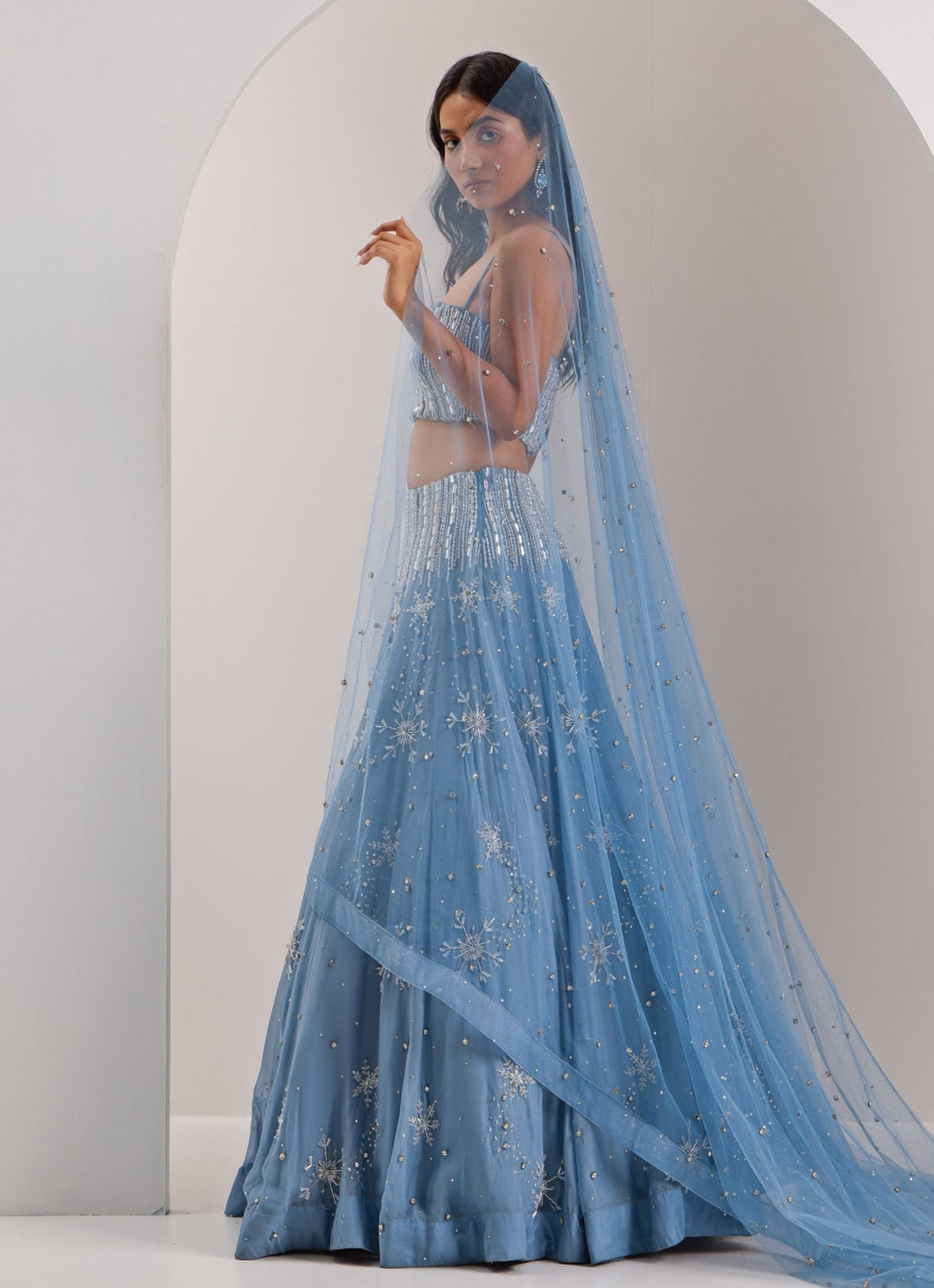 Blue Snowflake Embellished Organza Lehenga With Veil Silky Bindra - Fabilicious Fashion