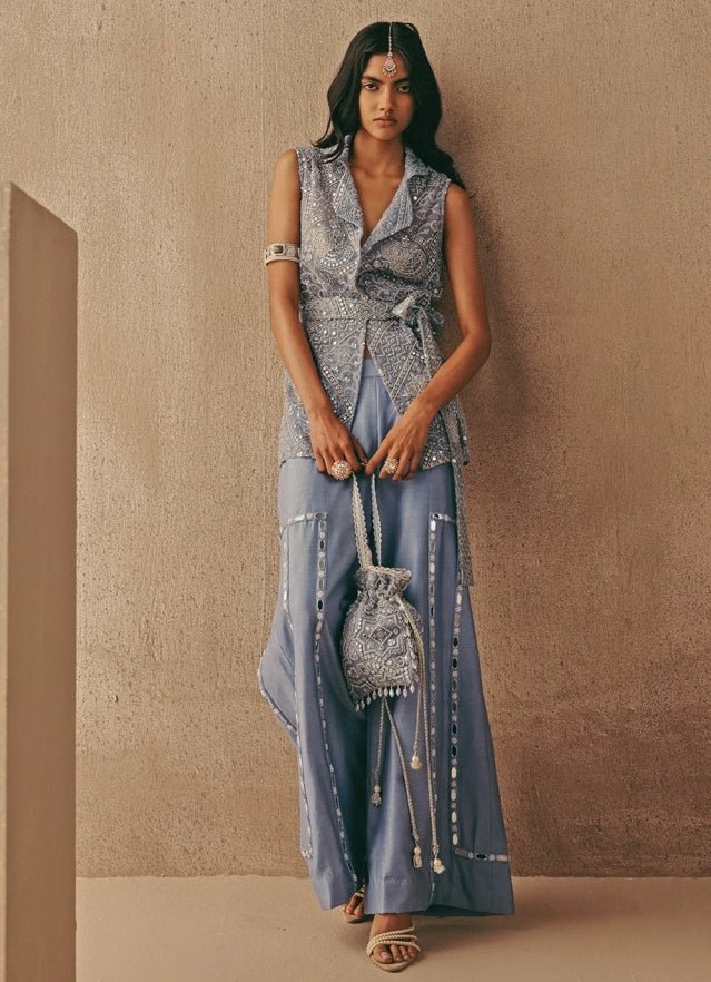 Blue Soft Net Blazer With Flared Pants Twenty Nine - Fabilicious Fashion