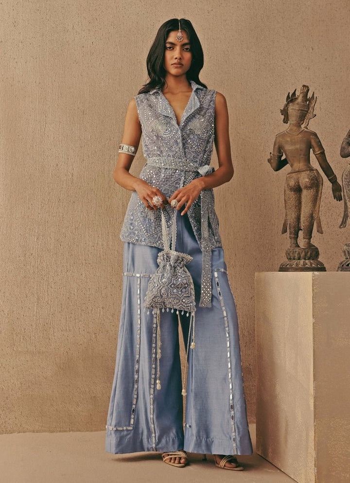 Blue Soft Net Blazer With Flared Pants Twenty Nine - Fabilicious Fashion