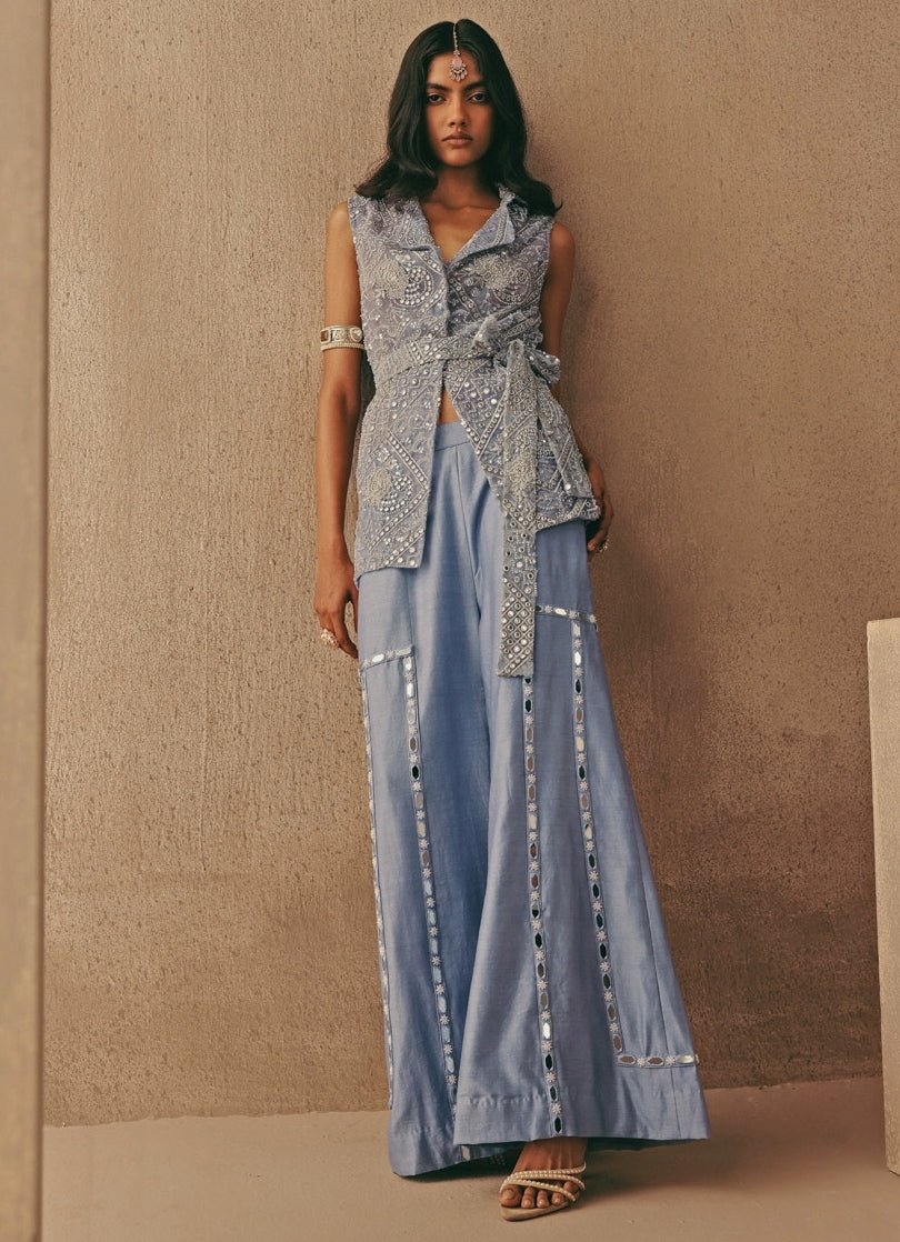 Blue Soft Net Blazer With Flared Pants Twenty Nine - Fabilicious Fashion