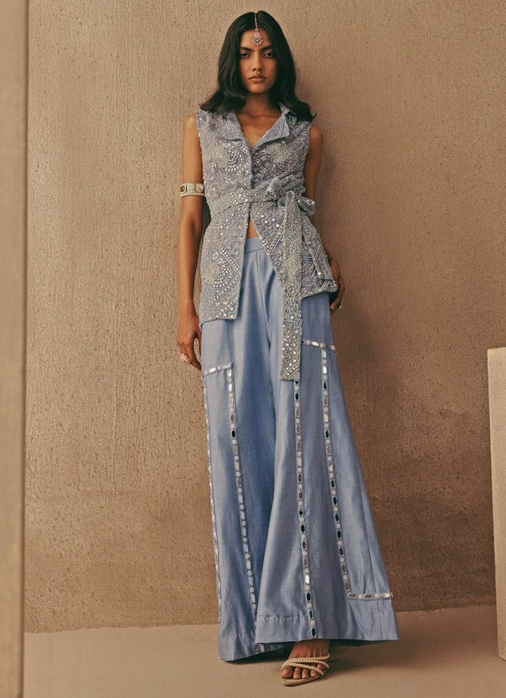 Blue Soft Net Blazer With Flared Pants Twenty Nine - Fabilicious Fashion