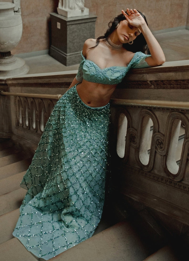 The Little Black Bow Blue Soft Net Embroidered Lehenga SetFabilicious Fashion