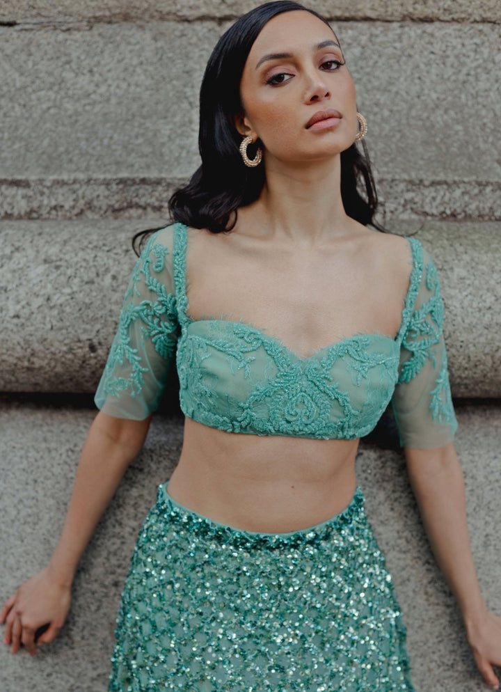 The Little Black Bow Blue Soft Net Embroidered Lehenga SetFabilicious Fashion