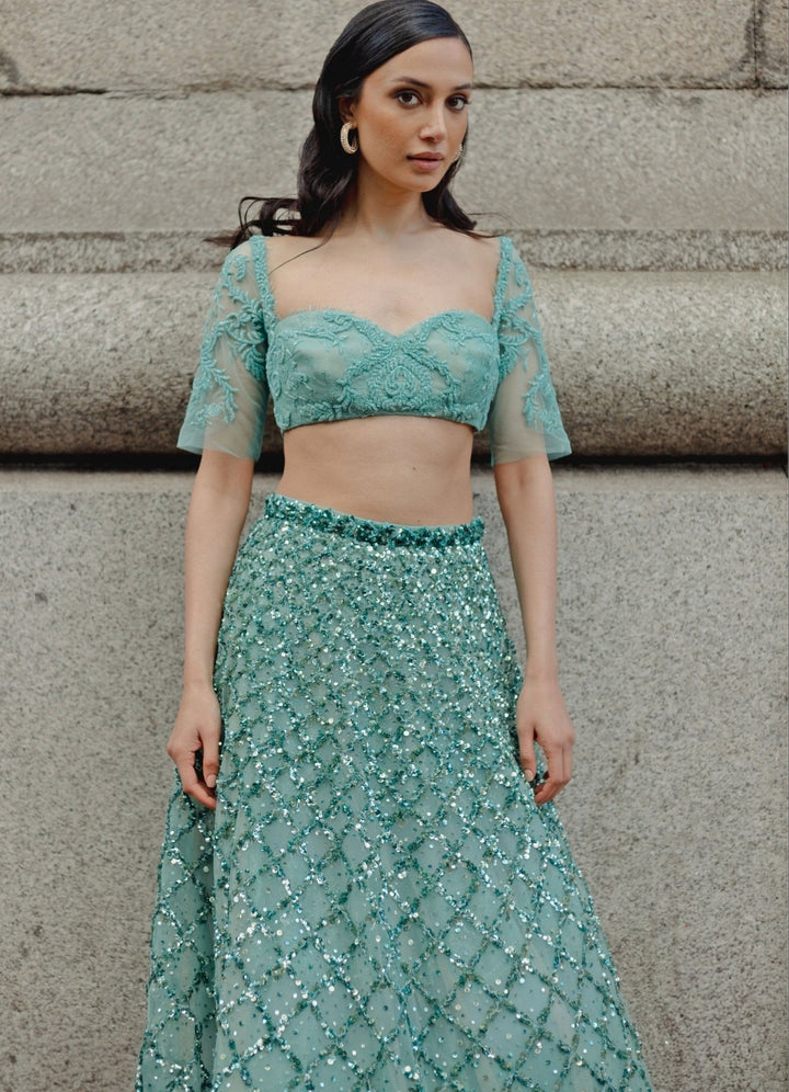 The Little Black Bow Blue Soft Net Embroidered Lehenga SetFabilicious Fashion
