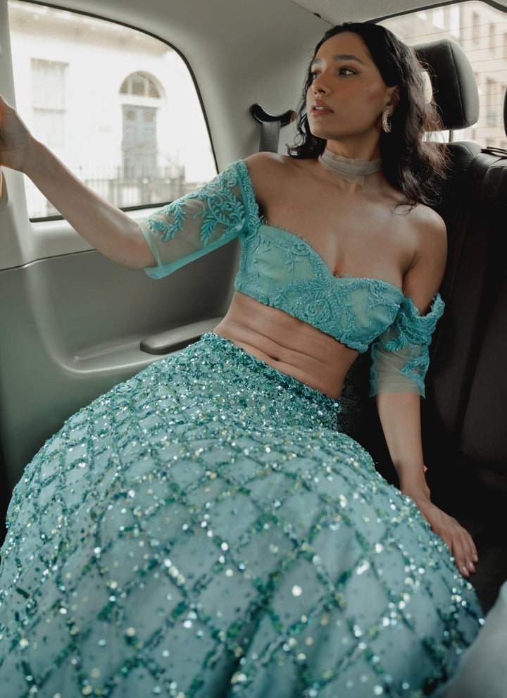 The Little Black Bow Blue Soft Net Embroidered Lehenga SetFabilicious Fashion