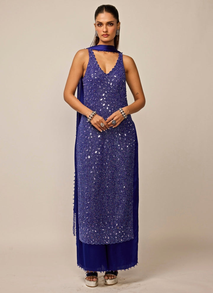 Vvani by Vani Vats Blue Soft Net Kurta Palazzo SetFabilicious Fashion