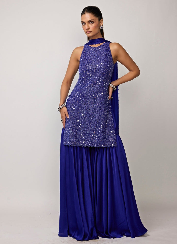 Vvani by Vani Vats Blue Soft Net Kurta Sharara SetFabilicious Fashion