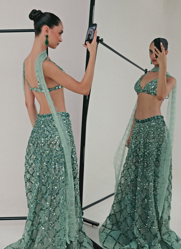 The Little Black Bow Blue Soft Net Lehenga Set With BraletteFabilicious Fashion