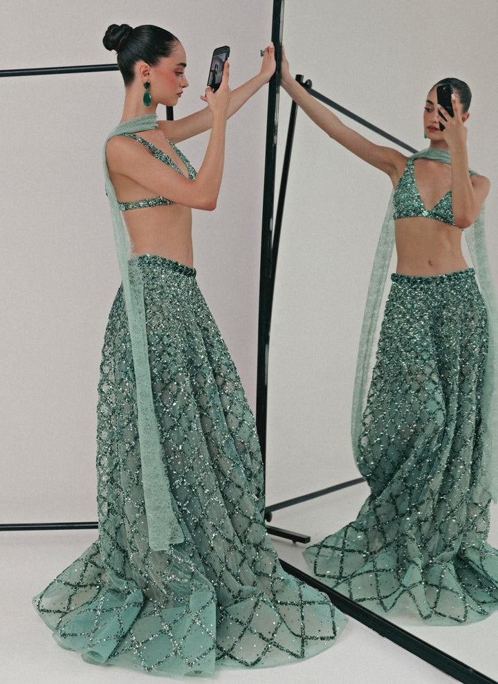 The Little Black Bow Blue Soft Net Lehenga Set With BraletteFabilicious Fashion