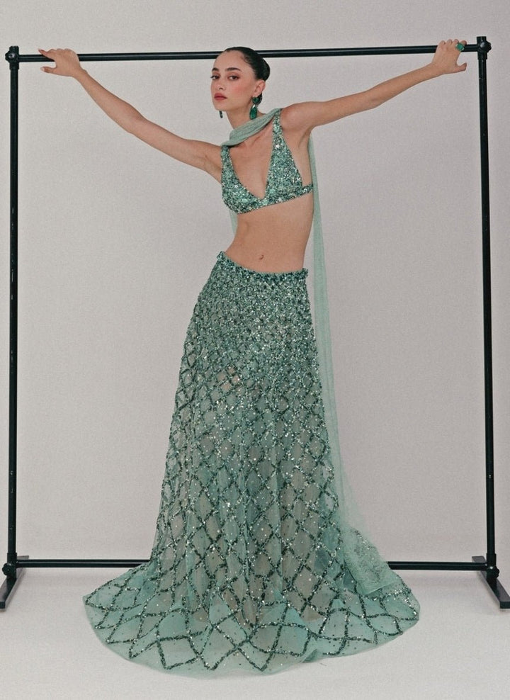 The Little Black Bow Blue Soft Net Lehenga Set With BraletteFabilicious Fashion