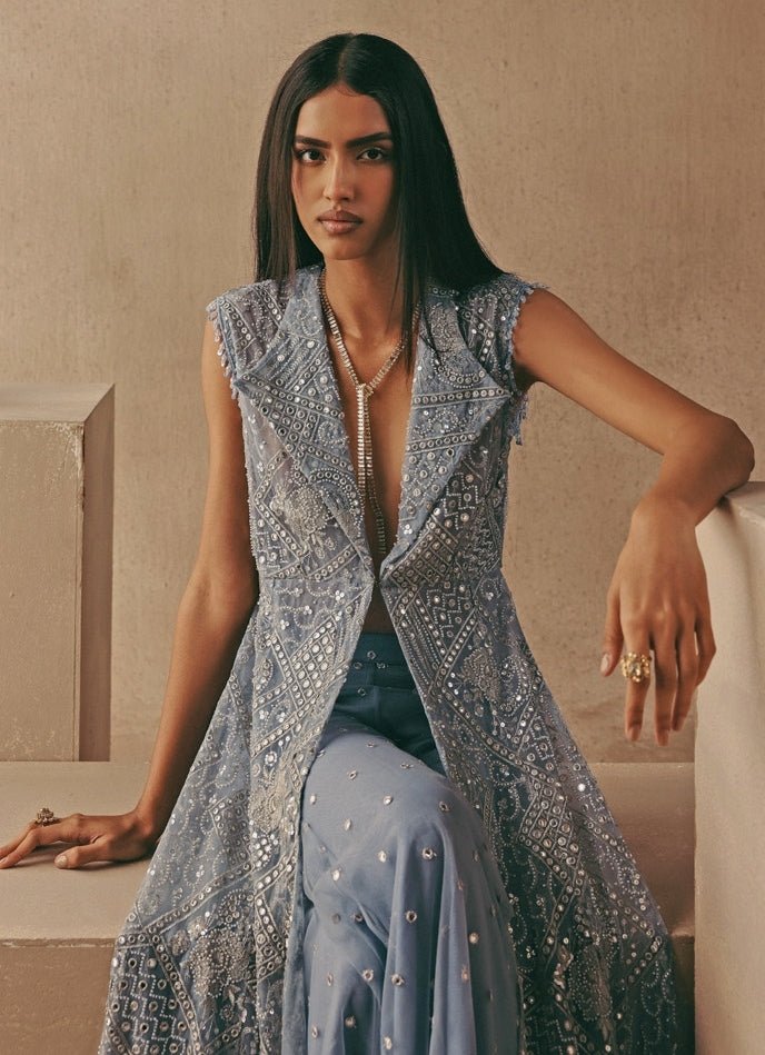 Blue Soft Net Long Jacket With Bootcut Pants Twenty Nine - Fabilicious Fashion