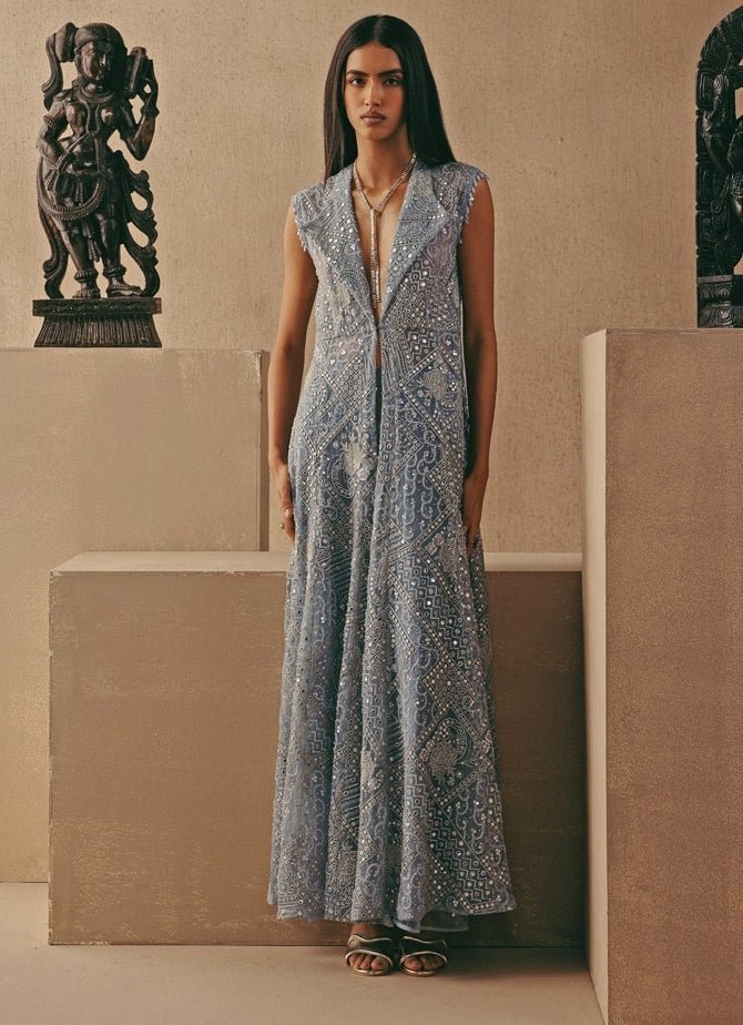 Blue Soft Net Long Jacket With Bootcut Pants Twenty Nine - Fabilicious Fashion