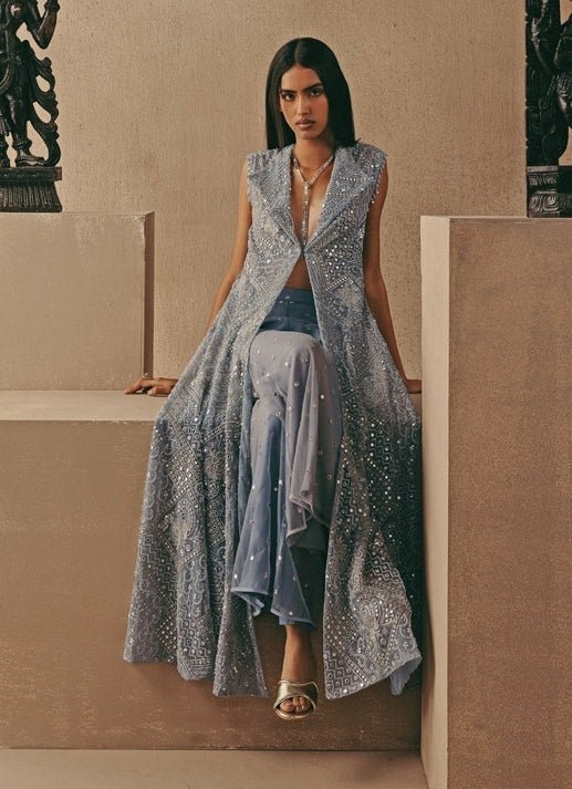 Blue Soft Net Long Jacket With Bootcut Pants Twenty Nine - Fabilicious Fashion