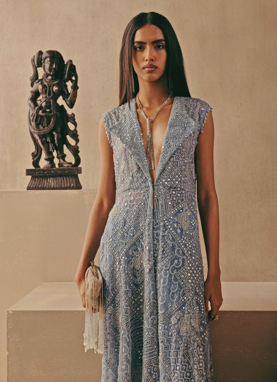 Blue Soft Net Long Jacket With Bootcut Pants Twenty Nine - Fabilicious Fashion