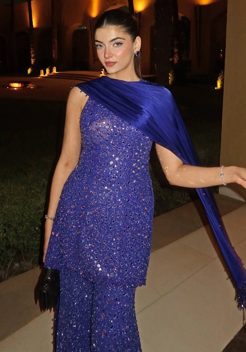 Vvani by Vani Vats Blue Soft Net Mirrorwork Kurta Sharara SetFabilicious Fashion