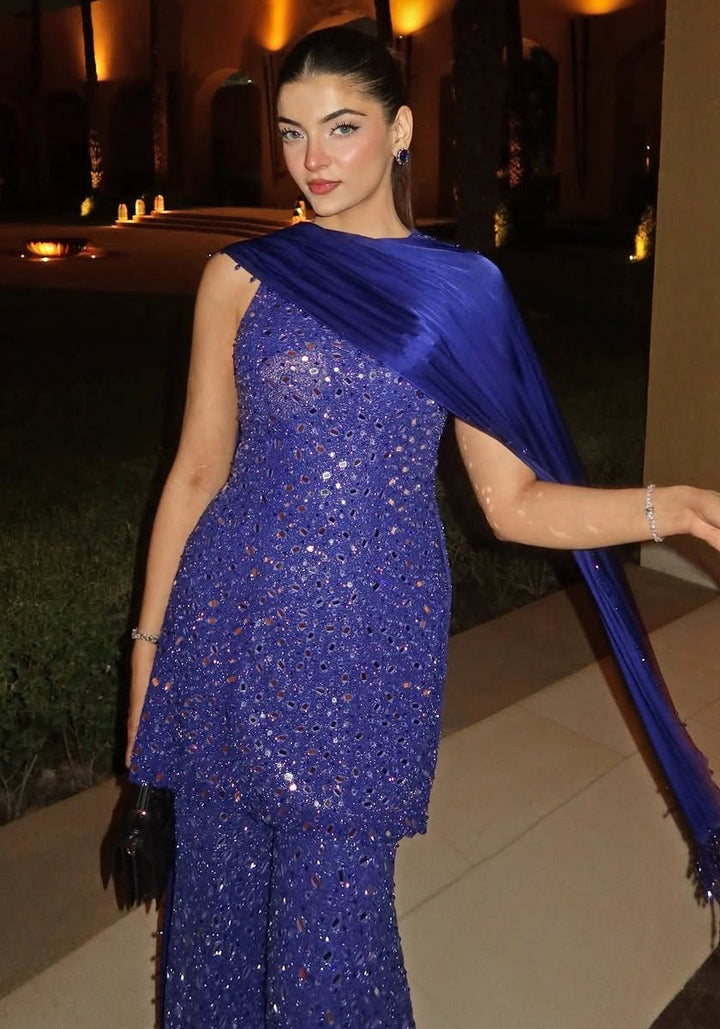 Vvani by Vani Vats Blue Soft Net Mirrorwork Kurta Sharara SetFabilicious Fashion