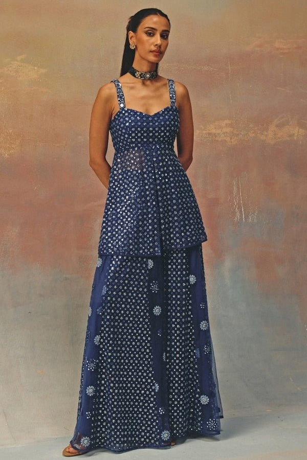 Blue soft net peplum kurta sharara set by Twenty Nine