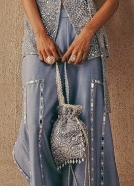 Blue Soft Net Mirrorwork Potli