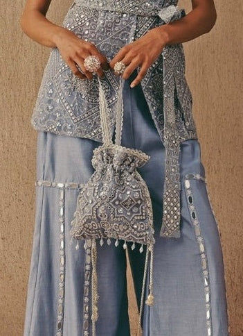Blue Soft Net Mirrorwork Potli