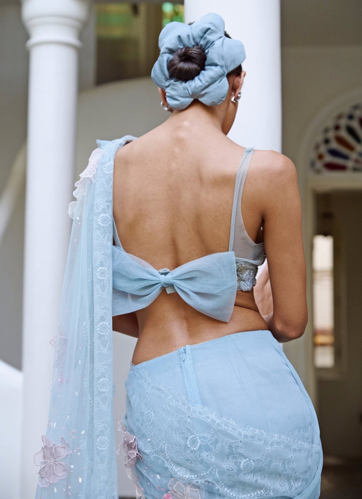 The Little Black Bow Blue Soft Net Pre-Draped Saree With CorsetFabilicious Fashion