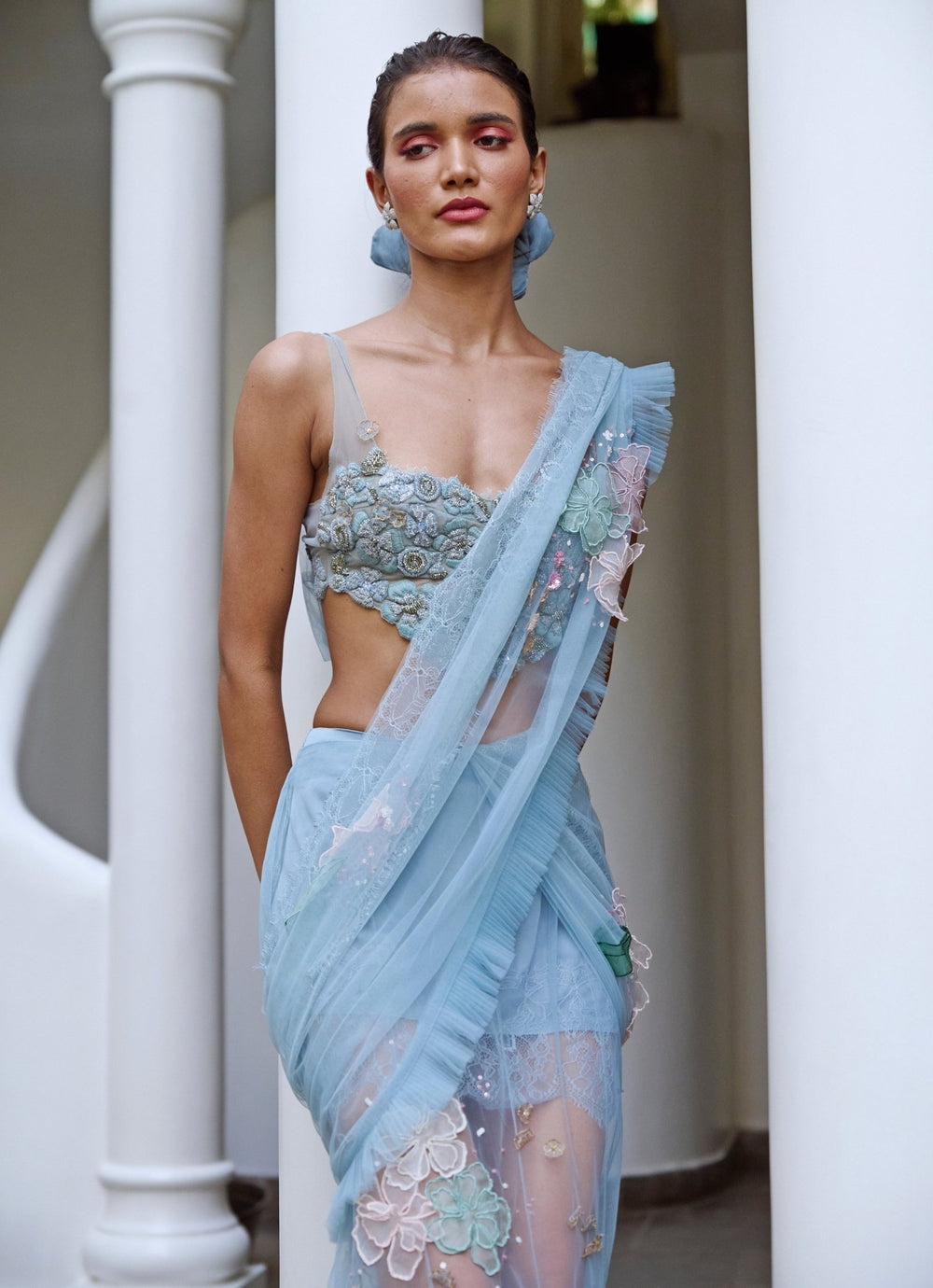 The Little Black Bow Blue Soft Net Pre-Draped Saree With CorsetFabilicious Fashion