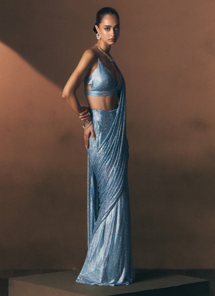 Angad Singh Blue Soft Net Pre-Draped SareeFabilicious Fashion