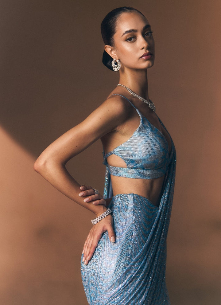 Angad Singh Blue Soft Net Pre-Draped SareeFabilicious Fashion