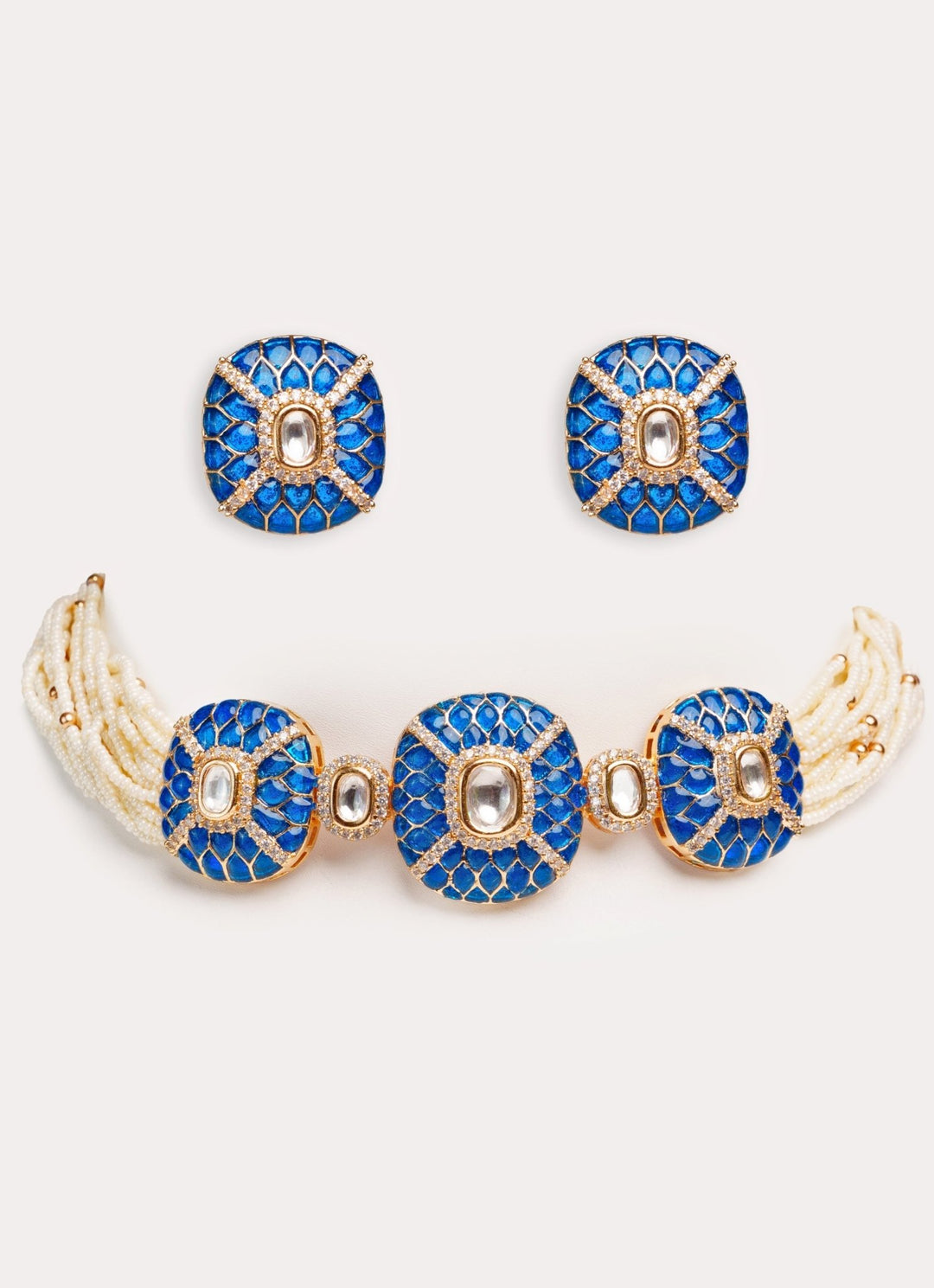 Blue Stone 3 Piece Pendant Choker Set With White Beads Zevar by Geeta - Fabilicious Fashion