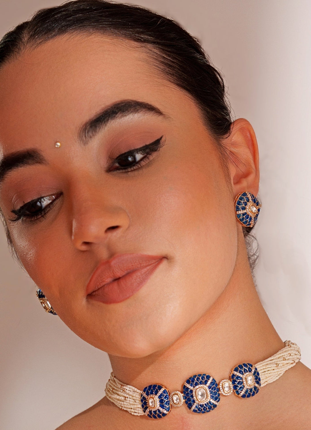 Blue Stone 3 Piece Pendant Choker Set With White Beads Zevar by Geeta - Fabilicious Fashion