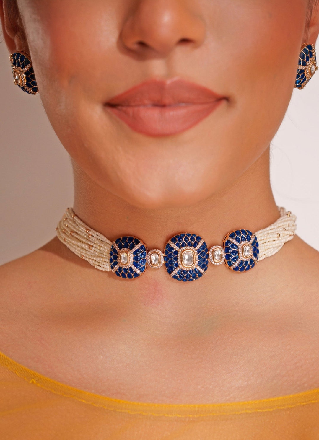 Blue Stone 3 Piece Pendant Choker Set With White Beads Zevar by Geeta - Fabilicious Fashion