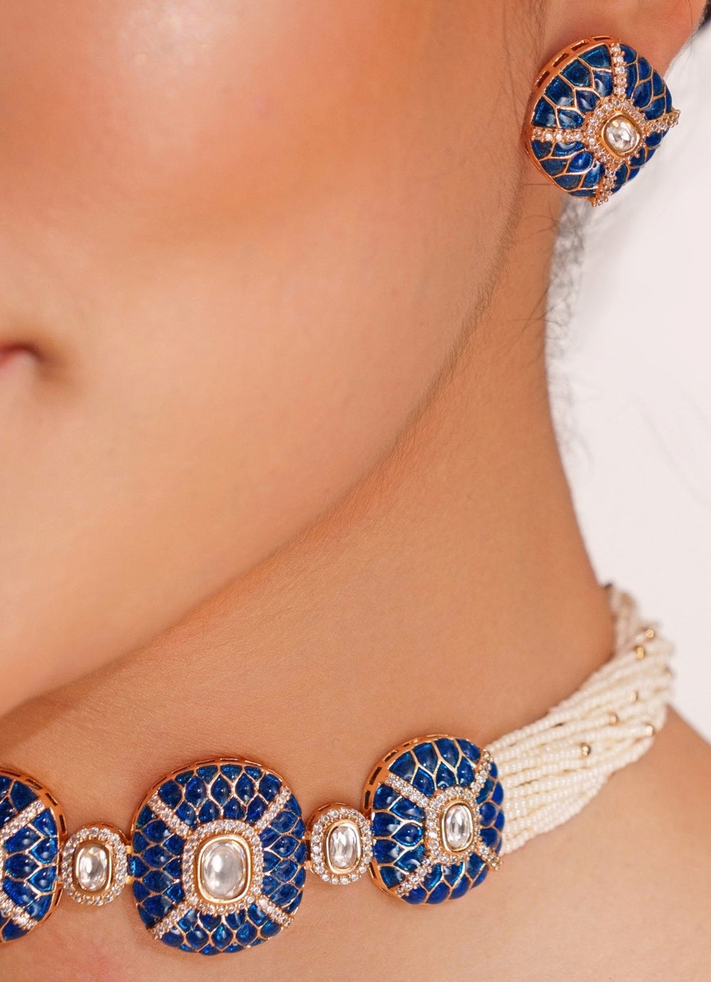 Blue Stone 3 Piece Pendant Choker Set With White Beads Zevar by Geeta - Fabilicious Fashion