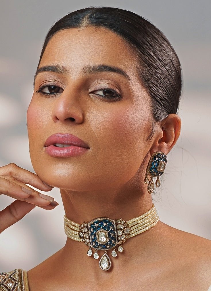 Blue Stone And Polki Pearl Choker Set Zevar by Geeta - Fabilicious Fashion