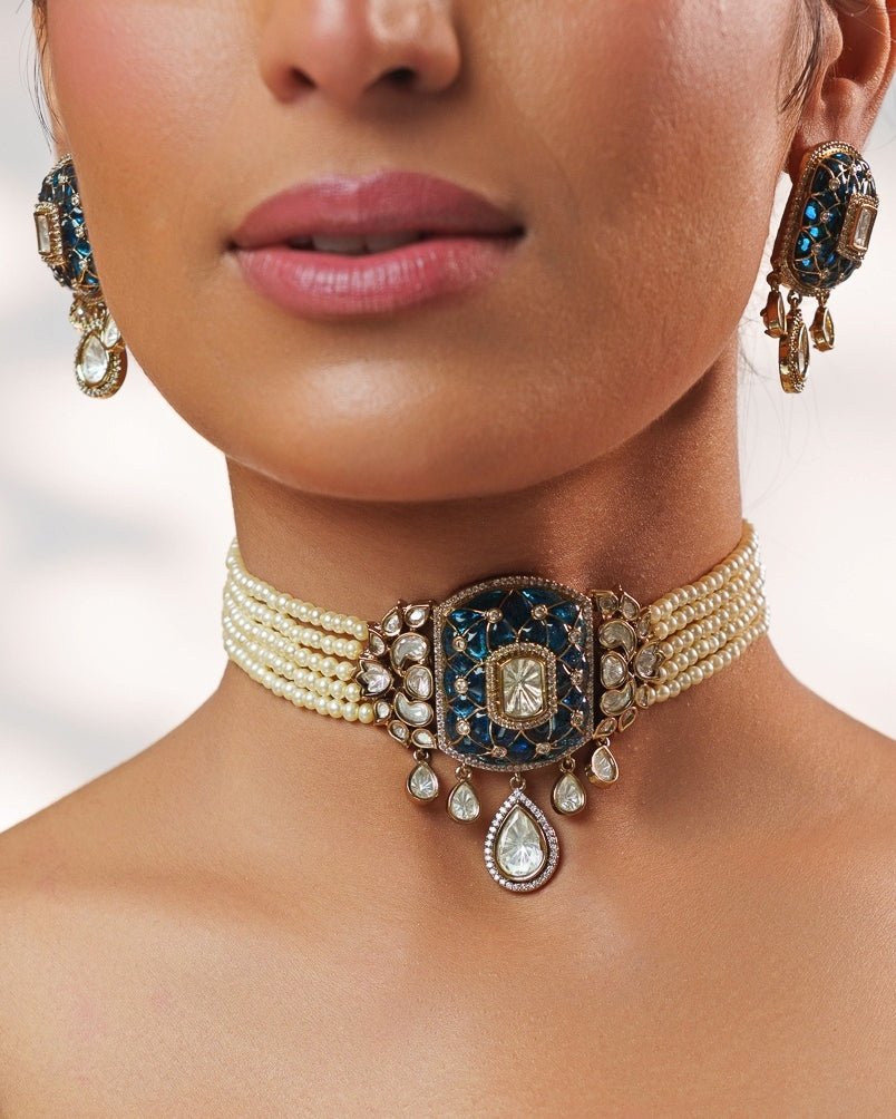 Blue Stone And Polki Pearl Choker Set Zevar by Geeta - Fabilicious Fashion