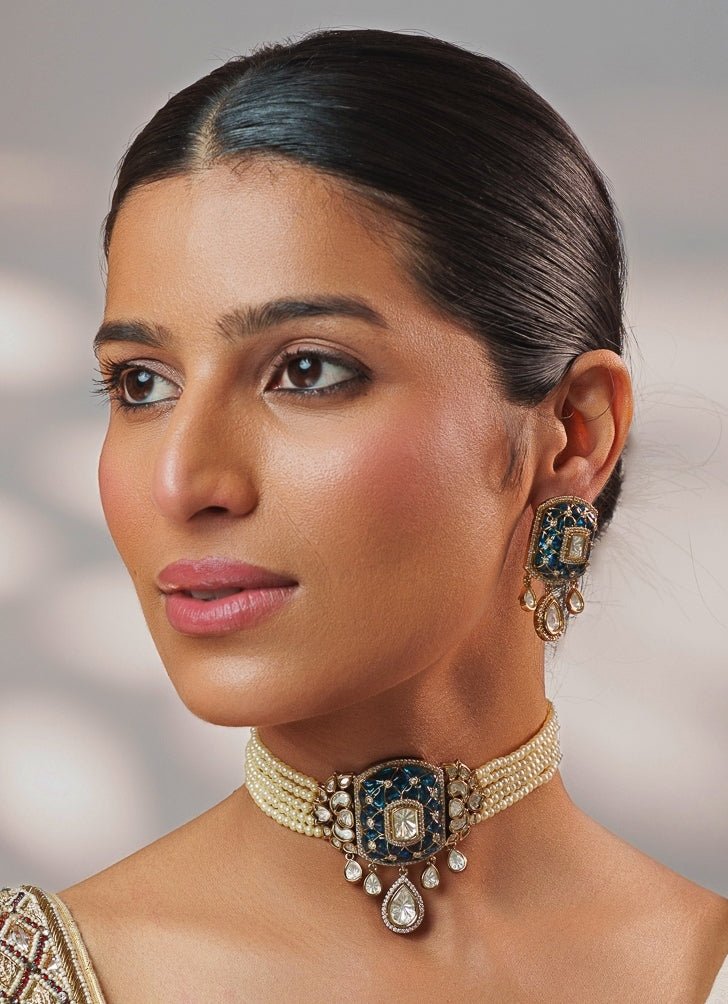 Blue Stone And Polki Pearl Choker Set Zevar by Geeta - Fabilicious Fashion