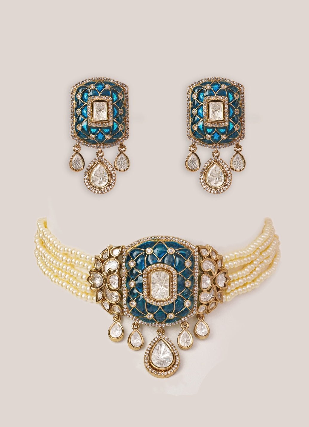Blue Stone And Polki Pearl Choker Set Zevar by Geeta - Fabilicious Fashion