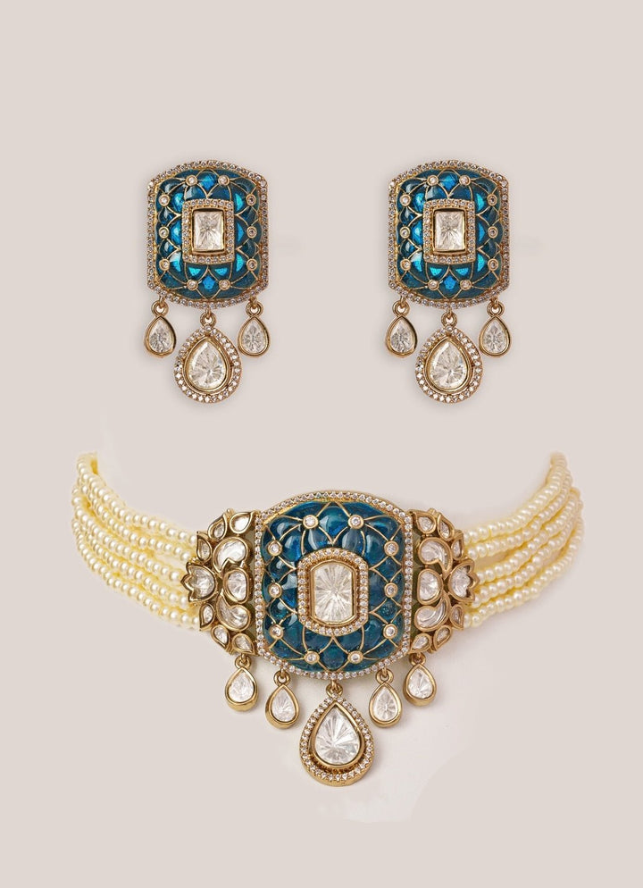Blue Stone And Polki Pearl Choker Set Zevar by Geeta - Fabilicious Fashion