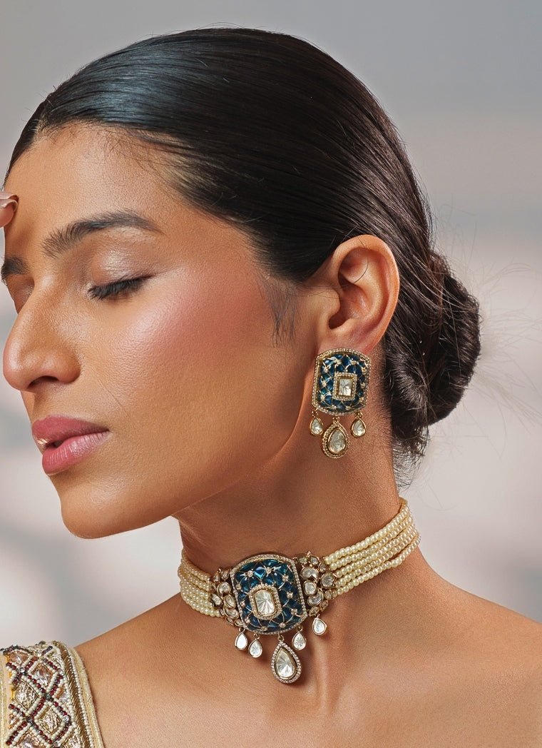Blue Stone And Polki Pearl Choker Set Zevar by Geeta - Fabilicious Fashion