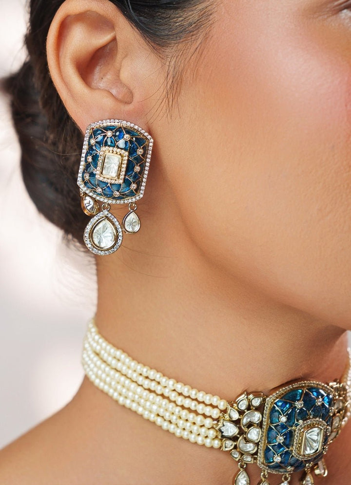 Blue Stone And Polki Pearl Choker Set Zevar by Geeta - Fabilicious Fashion