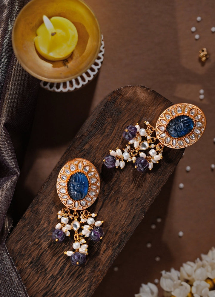 Blue Stone Matte Gold Necklace Set Riana Jewellery - Fabilicious Fashion