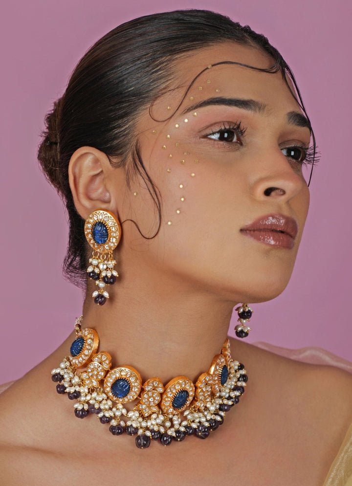 Blue Stone Matte Gold Necklace Set Riana Jewellery - Fabilicious Fashion