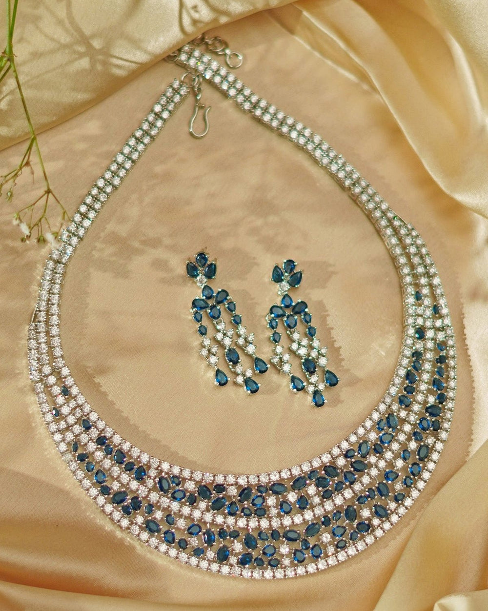 Blue Stone White Finish Diamond Necklace Set Zevar By Geeta - Fabilicious Fashion
