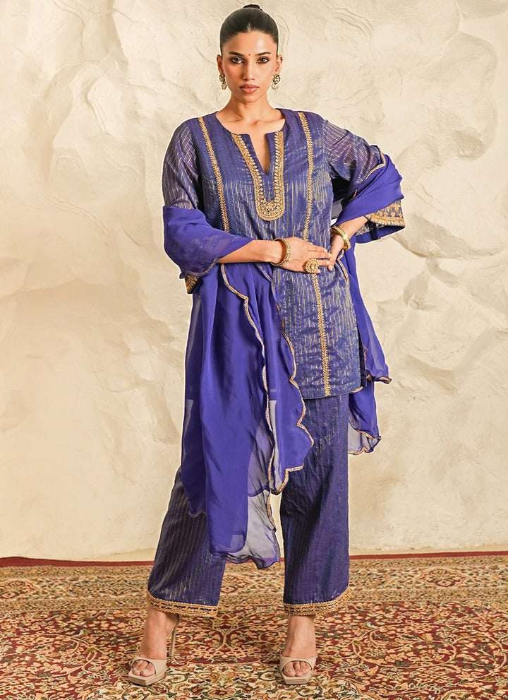 Nidhika Shekhar Blue Strip Chanderi Kurta Pants SetFabilicious Fashion