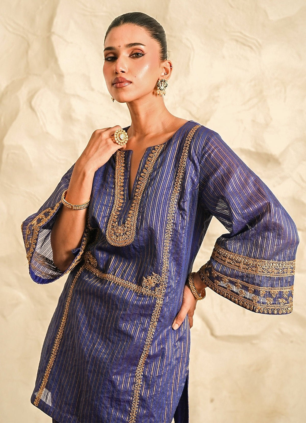 Nidhika Shekhar Blue Strip Chanderi Kurta Pants SetFabilicious Fashion