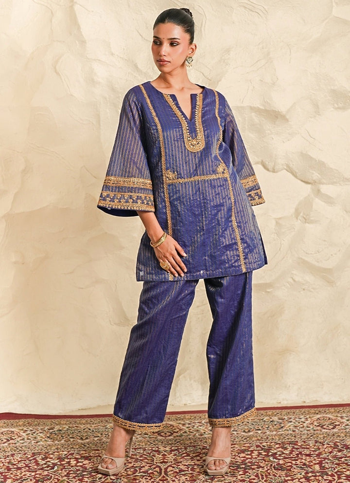 Nidhika Shekhar Blue Strip Chanderi Kurta Pants SetFabilicious Fashion