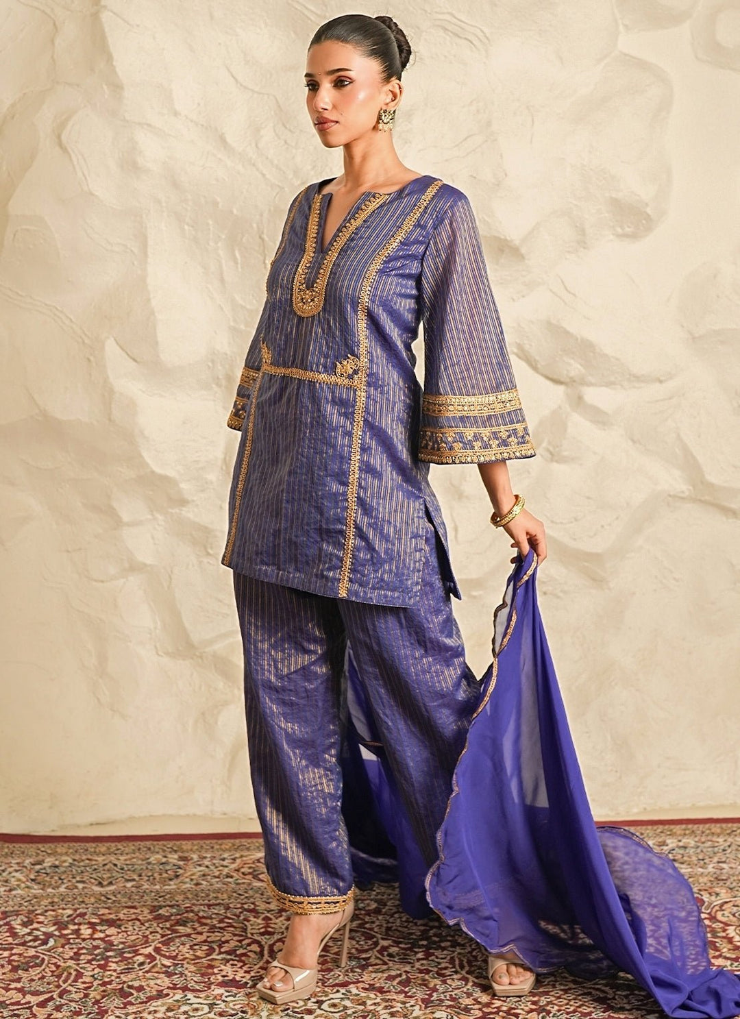 Nidhika Shekhar Blue Strip Chanderi Kurta Pants SetFabilicious Fashion