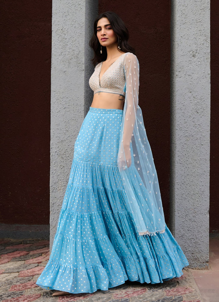 Blue Tiered Georgette Skirt With Cape Sleeves Chamee and Palak - Fabilicious Fashion